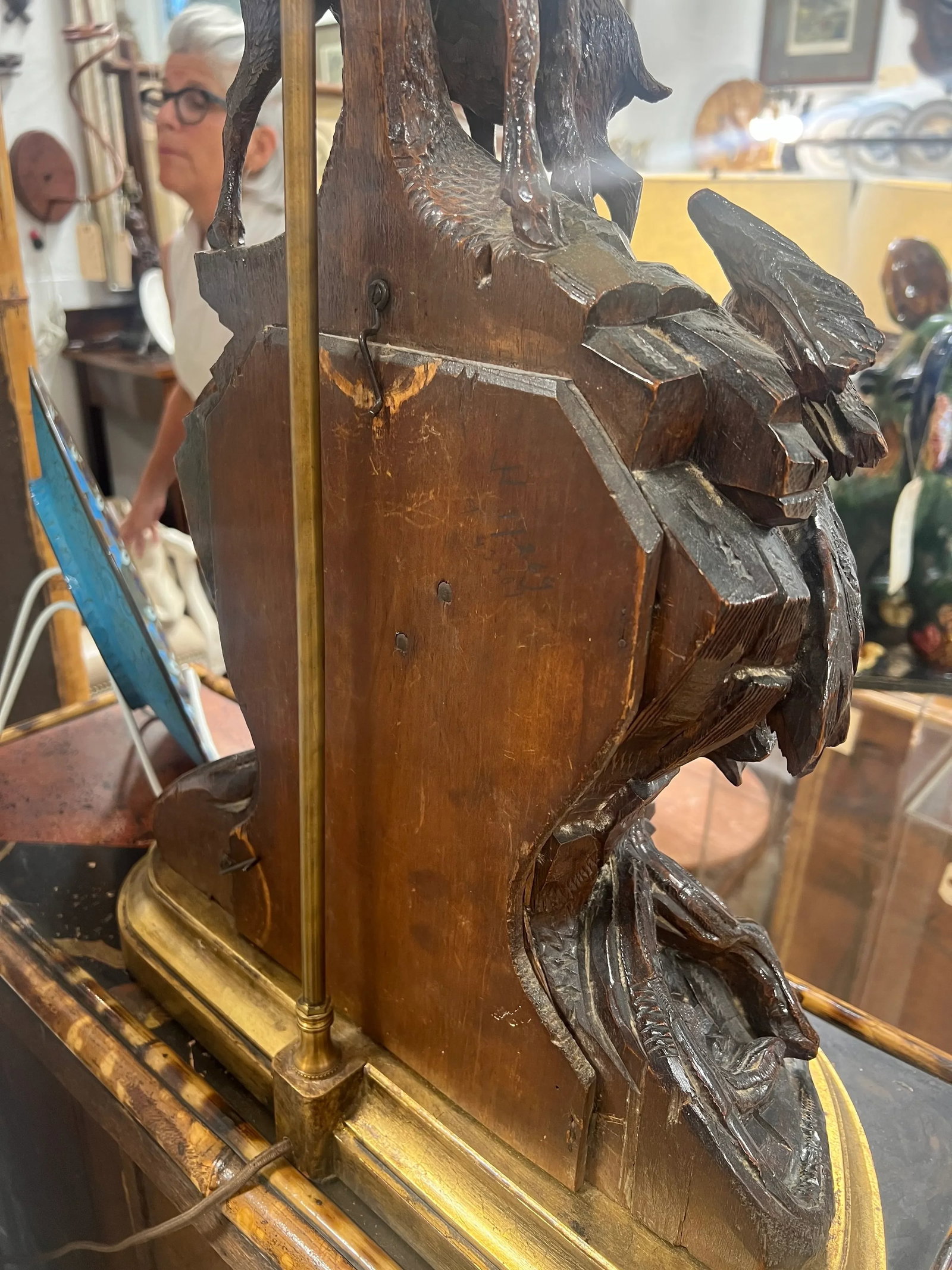 19th Century Black Forest Carved Clock Mounted Lamp With Cowhide Shade - 11