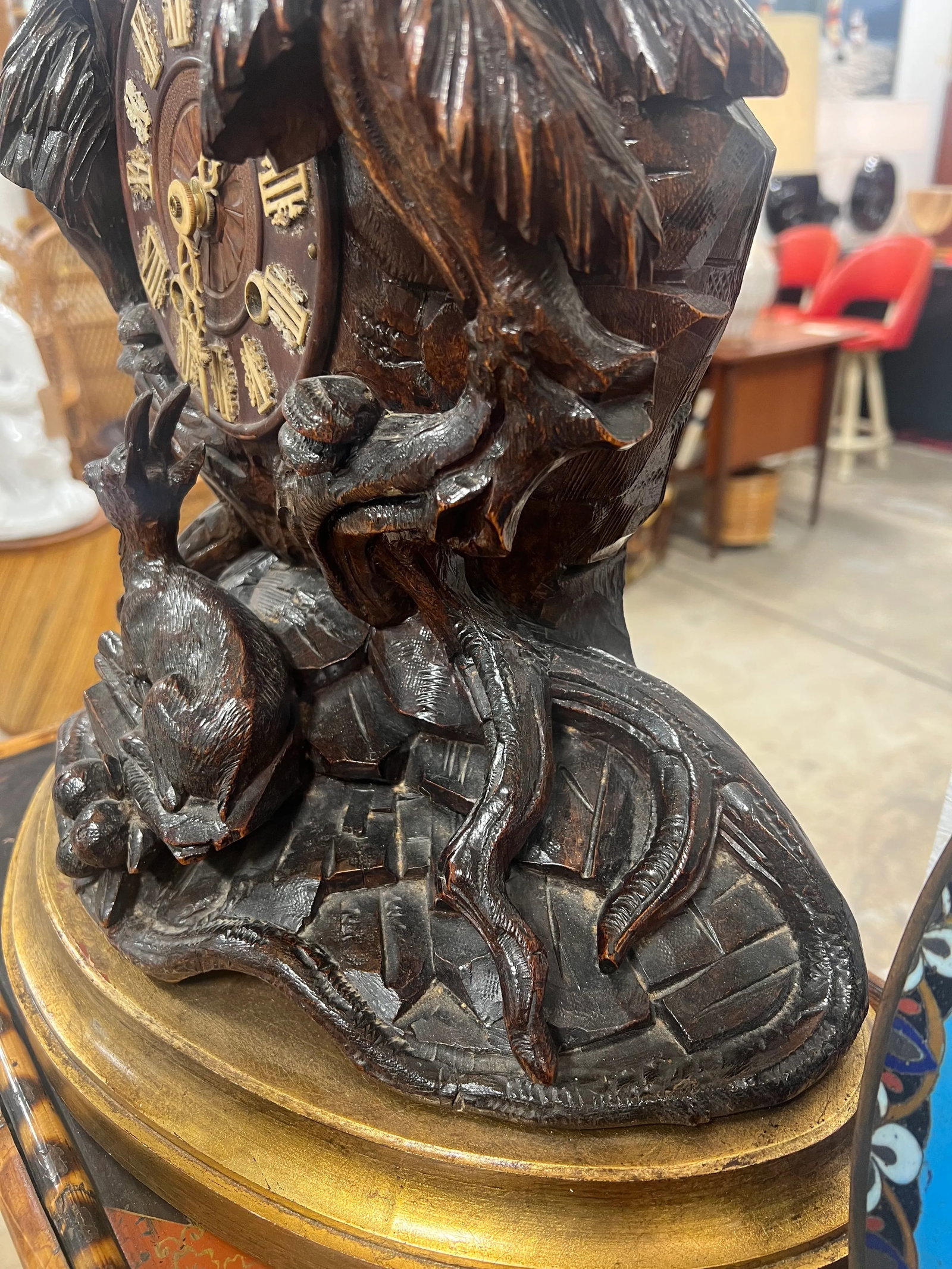 19th Century Black Forest Carved Clock Mounted Lamp With Cowhide Shade - 12