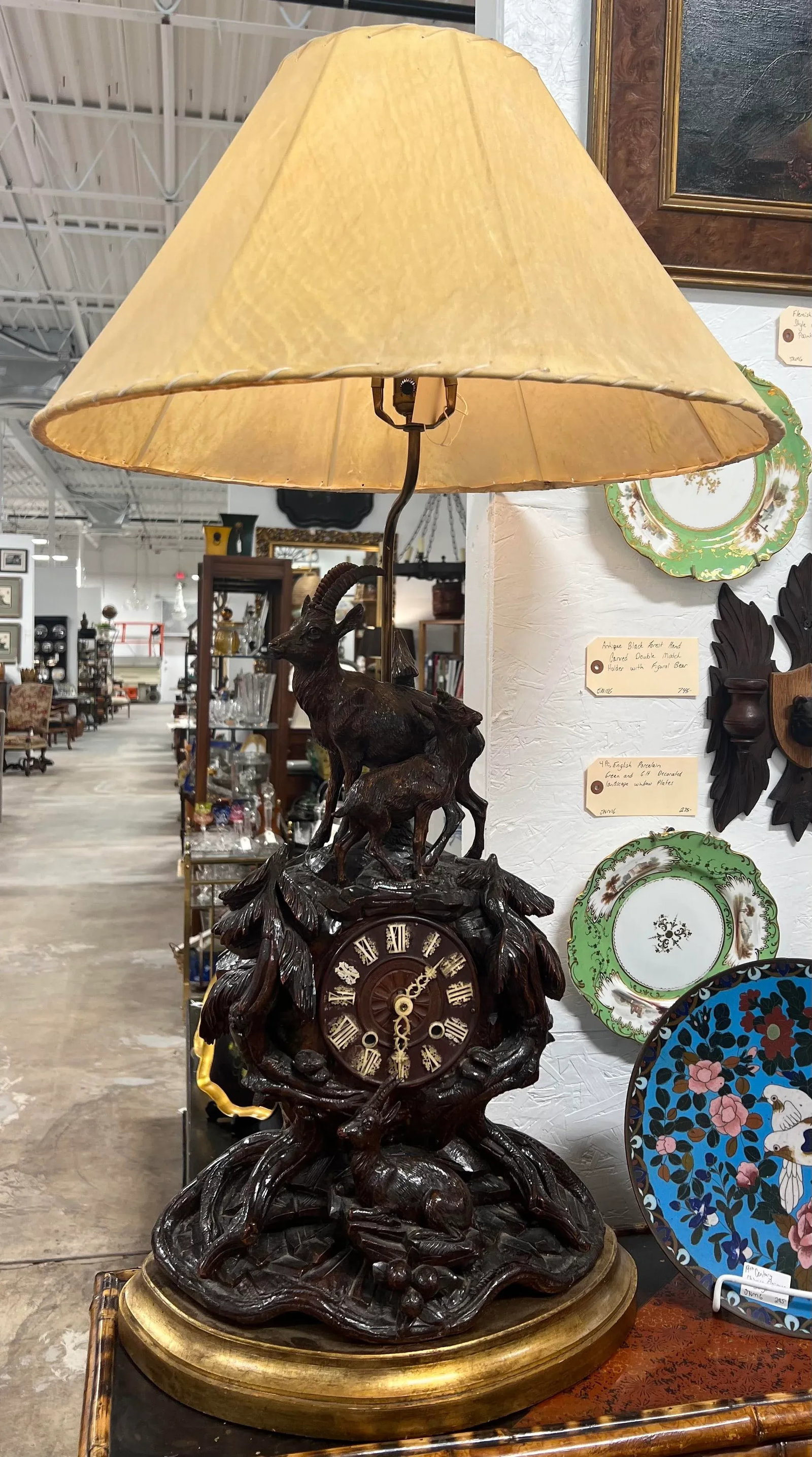 19th Century Black Forest Carved Clock Mounted Lamp With Cowhide Shade - 13