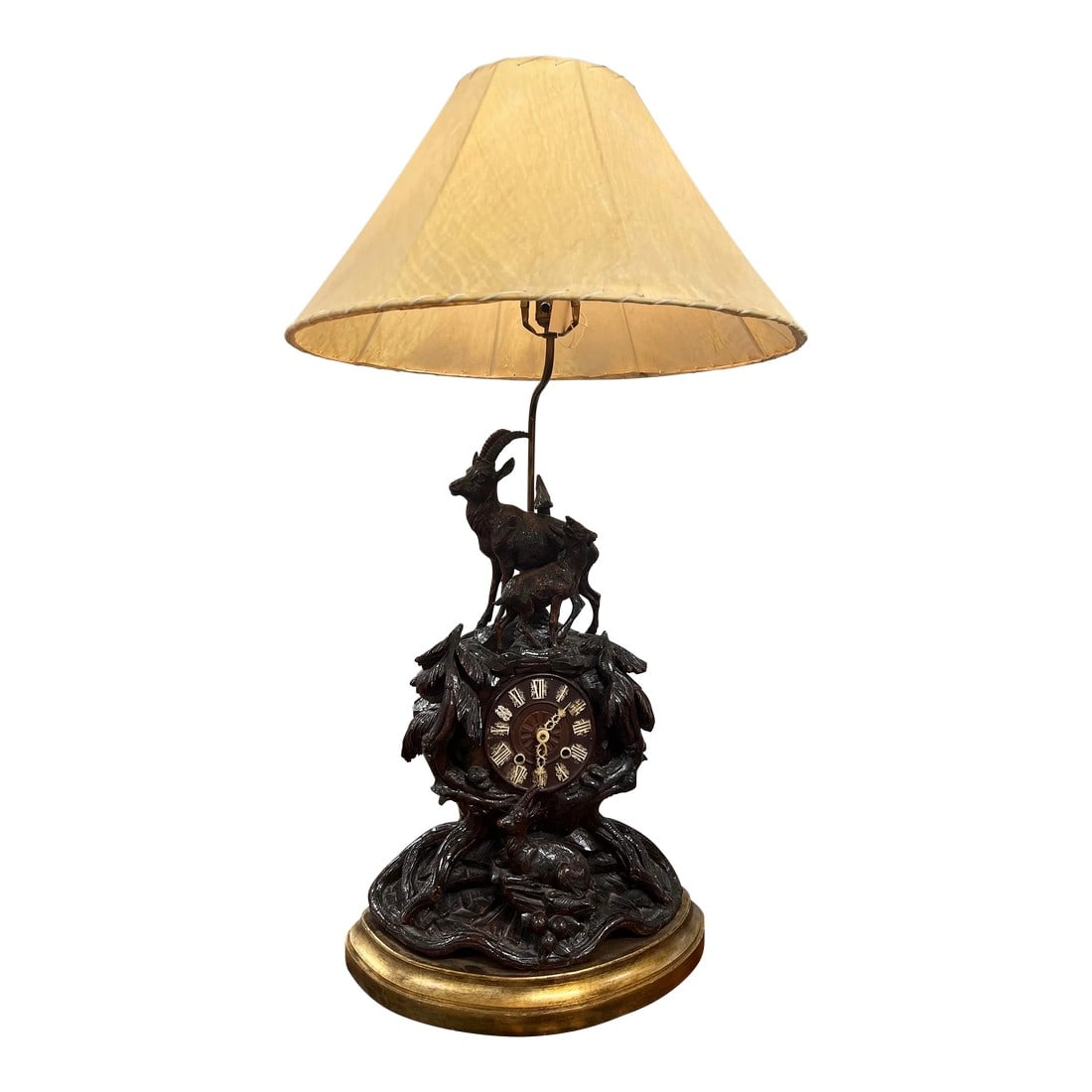 19th Century Black Forest Carved Clock Mounted Lamp With Cowhide Shade (1 of 13)