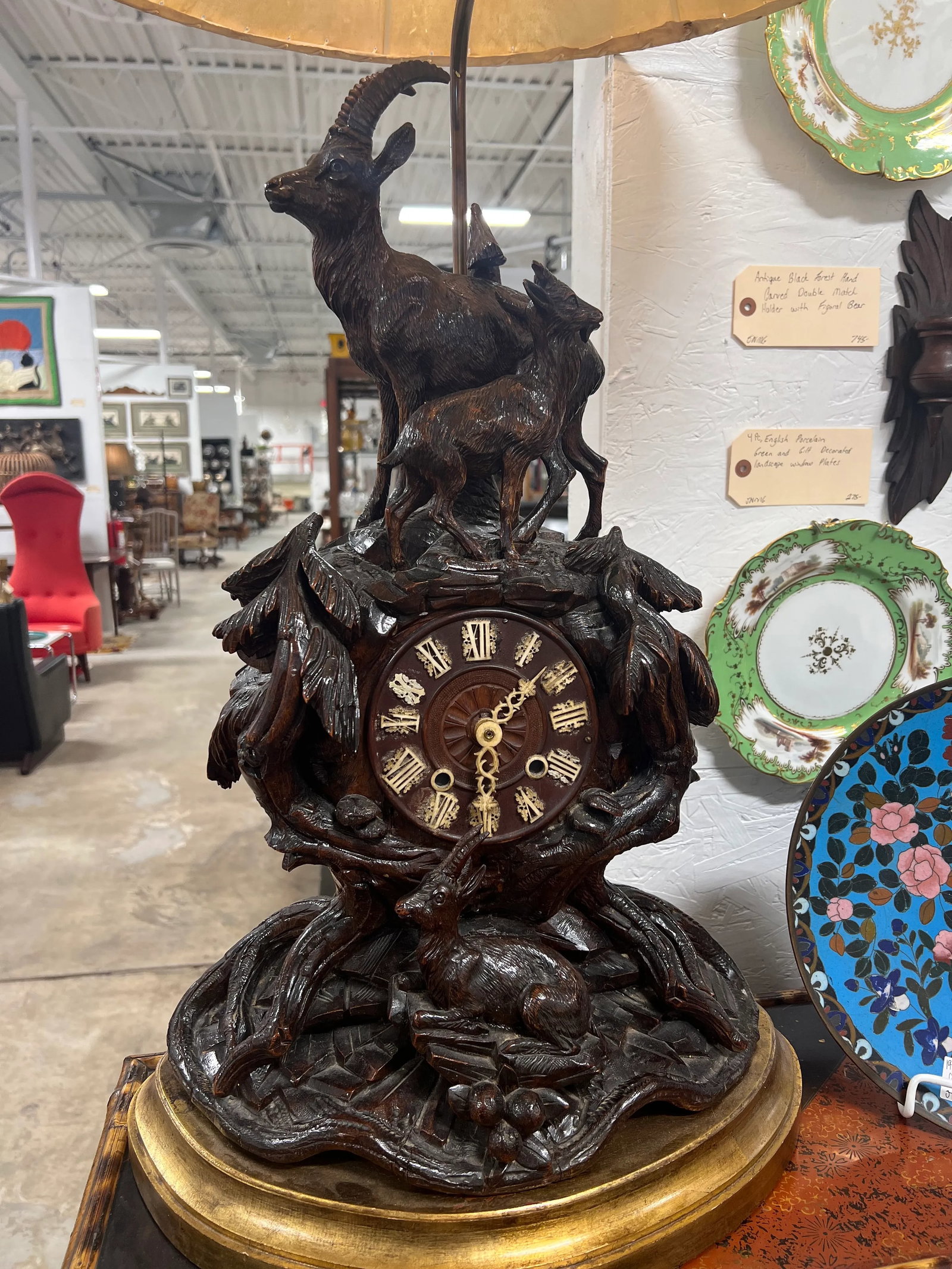 19th Century Black Forest Carved Clock Mounted Lamp With Cowhide Shade - 2