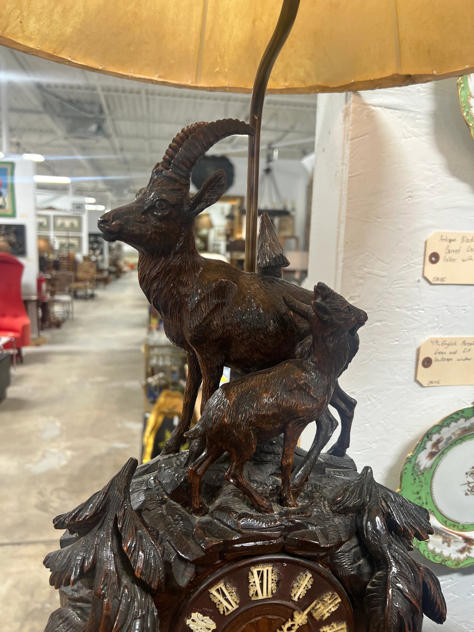 19th Century Black Forest Carved Clock Mounted Lamp With Cowhide Shade - 3