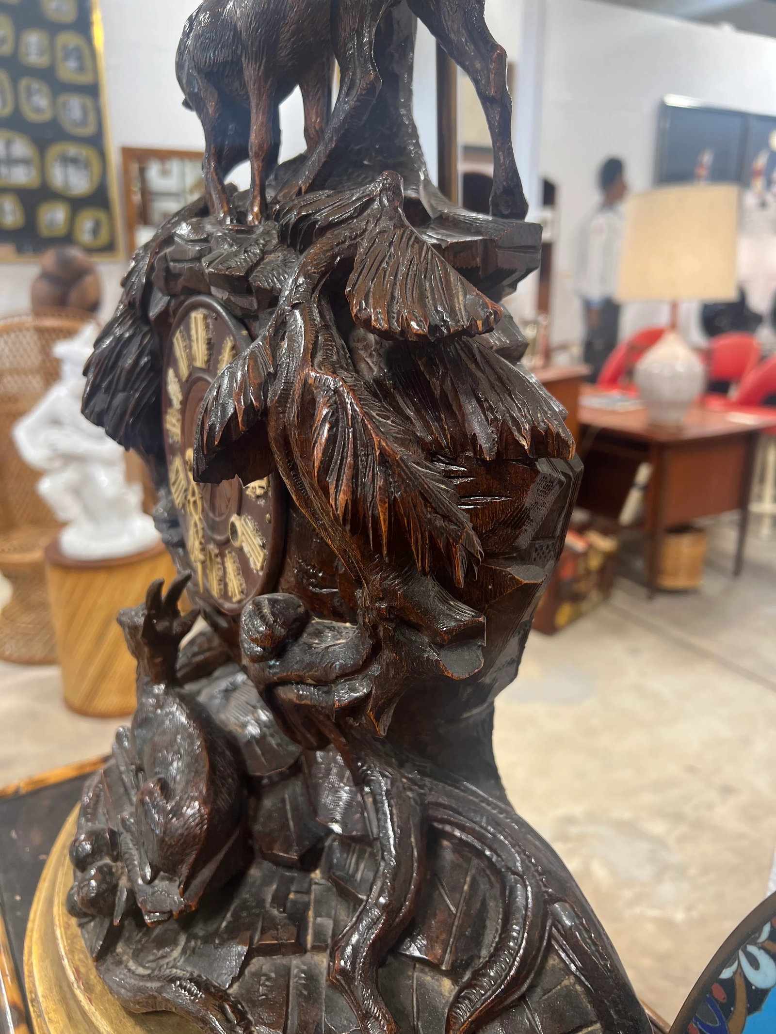 19th Century Black Forest Carved Clock Mounted Lamp With Cowhide Shade - 4