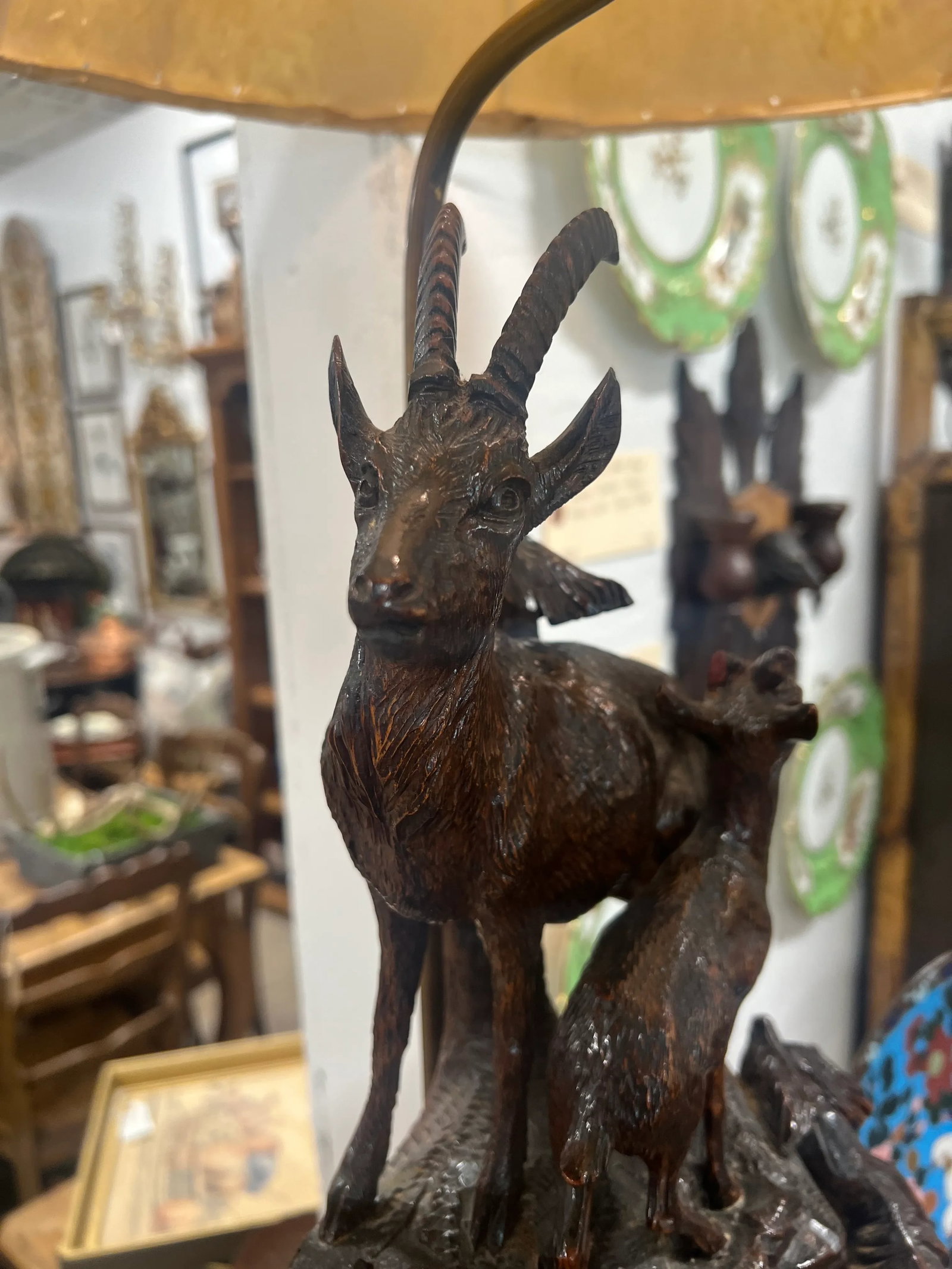 19th Century Black Forest Carved Clock Mounted Lamp With Cowhide Shade - 5