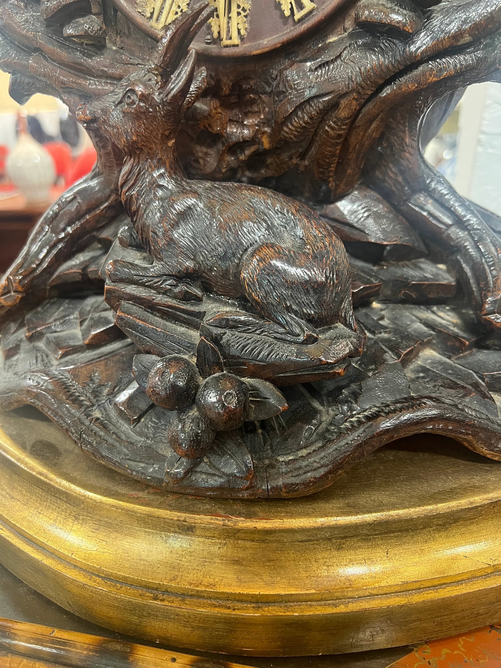 19th Century Black Forest Carved Clock Mounted Lamp With Cowhide Shade - 8
