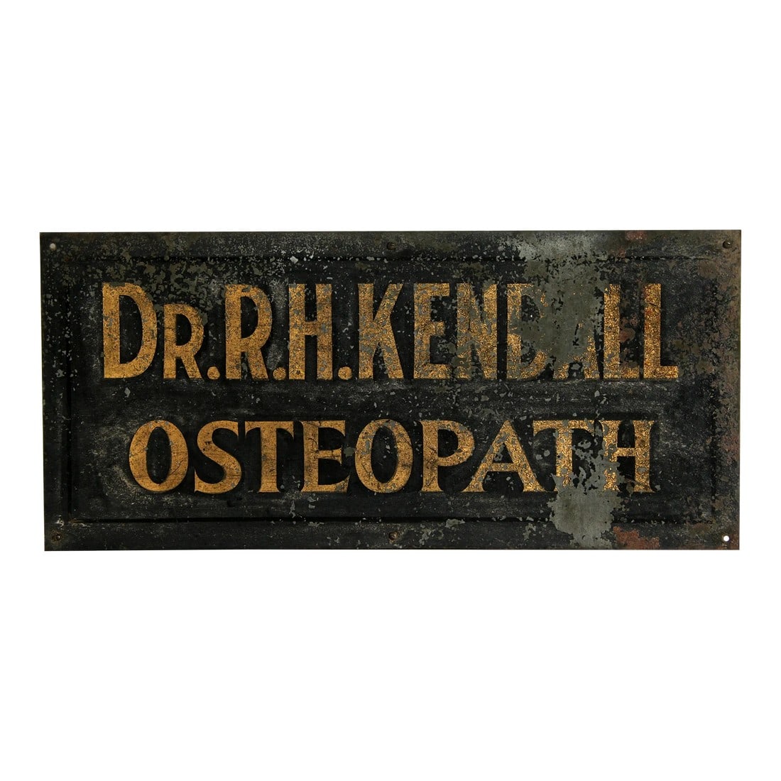 Antique 19th Century Gold Leaf Medical Doctor Architectural Sign: Fabulous antique late 19th century (possibly as late as 1910) architectural salvage sign of Dr. R.H. Kendall, Osteopath! Wonderful piece, great patina, with gold leafing on a black background, hand