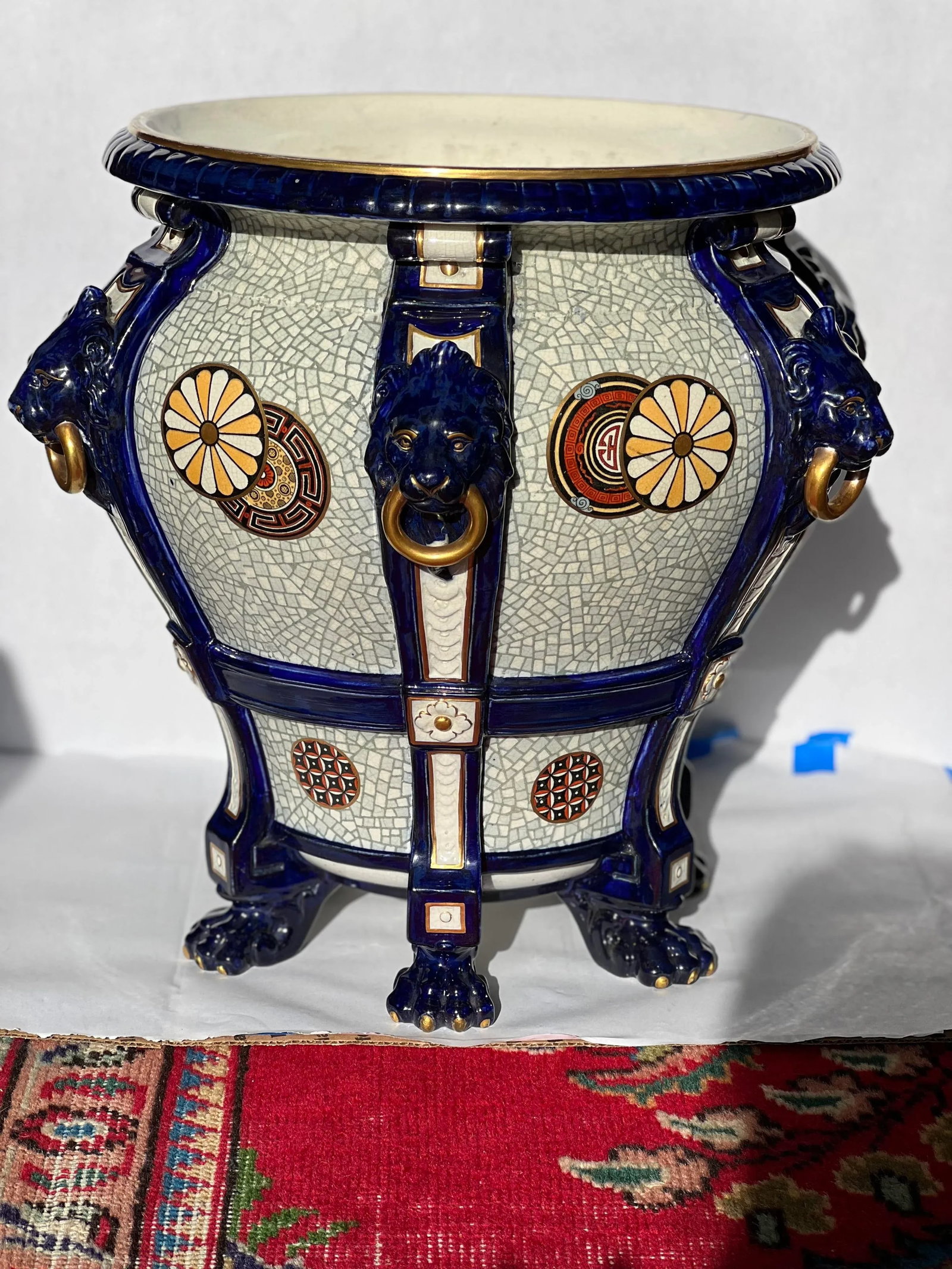 19th Century Vintage Minton Majolica Lion Head Handled Ascetic Jardiniere - 8