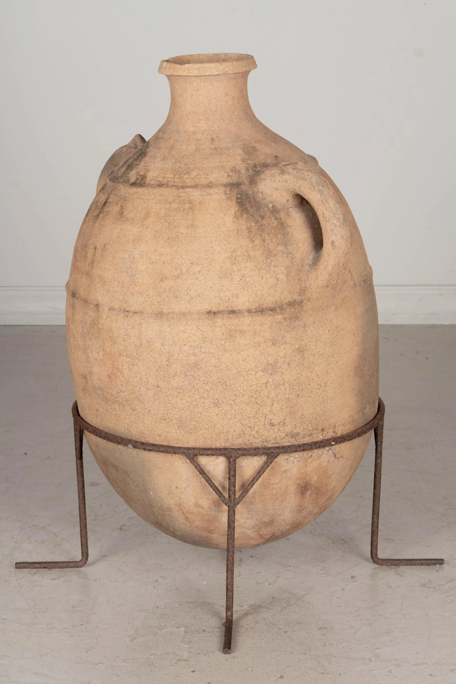 Large Moroccan Terracotta Pottery Water Jar in Iron Stand - 3