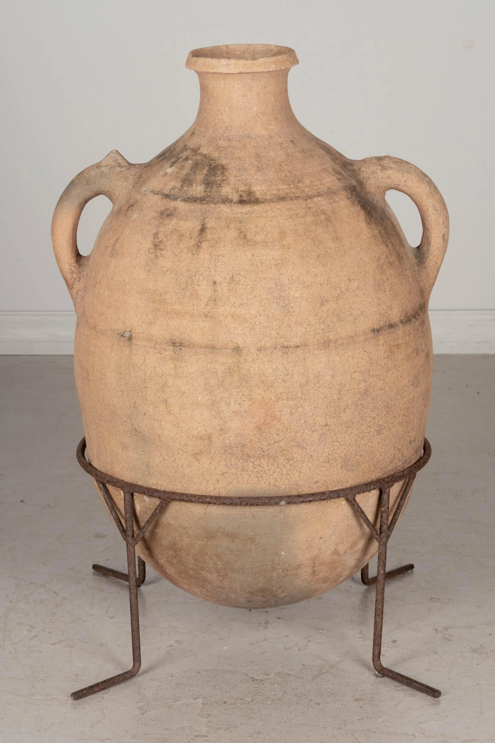 Large Moroccan Terracotta Pottery Water Jar in Iron Stand - 6