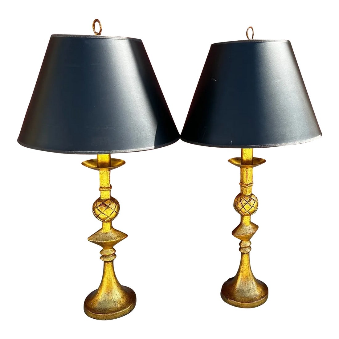 Vintage Alberto Giacometti Style Gilt Brass Table Lamps-A Pair: Beautiful and very heavy. (solid brass) Pair of Gilt Brass Table Lamps with Black shades with gold inside. The gilding has a lovely patina. Gold with hints of red undertones. When taking of the felt o