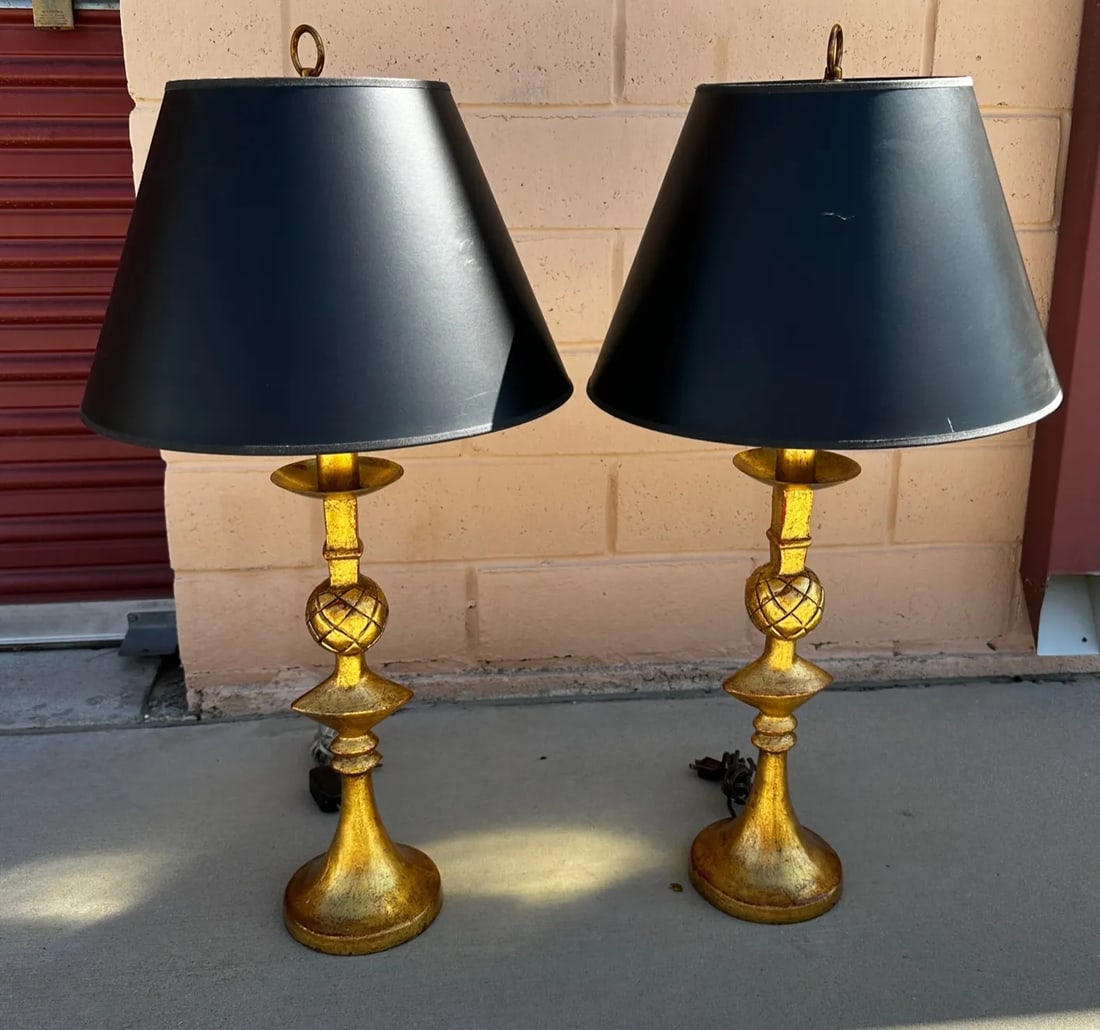 Vintage Alberto Giacometti Style Gilt Brass Table Lamps-A Pair - 2