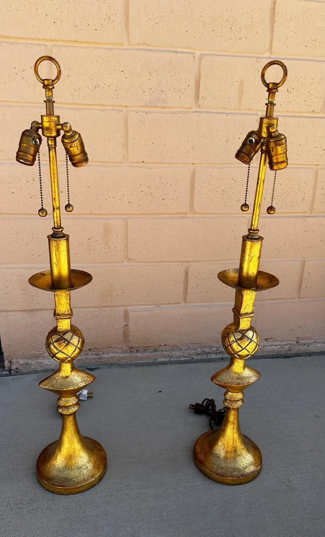 Vintage Alberto Giacometti Style Gilt Brass Table Lamps-A Pair - 3