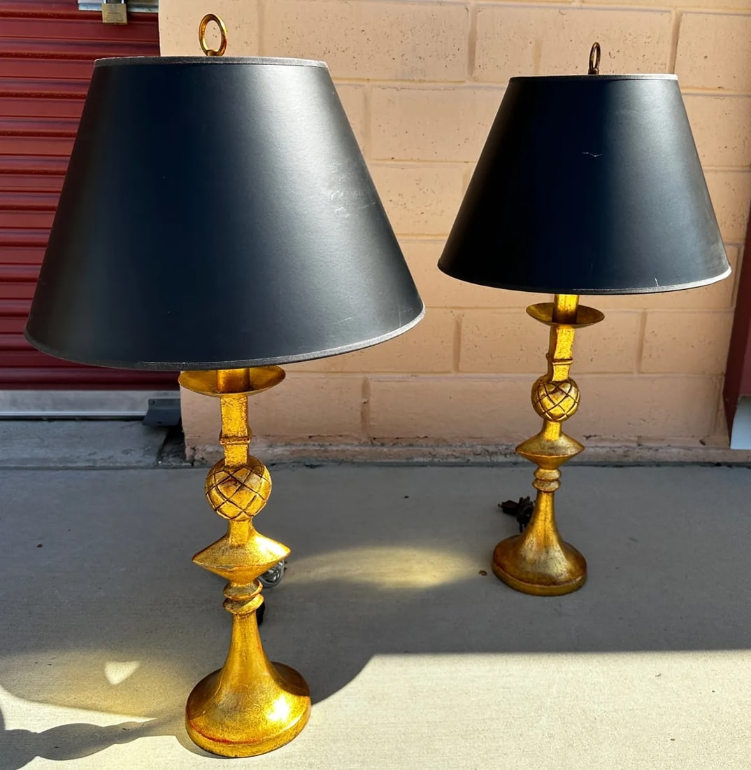 Vintage Alberto Giacometti Style Gilt Brass Table Lamps-A Pair - 4