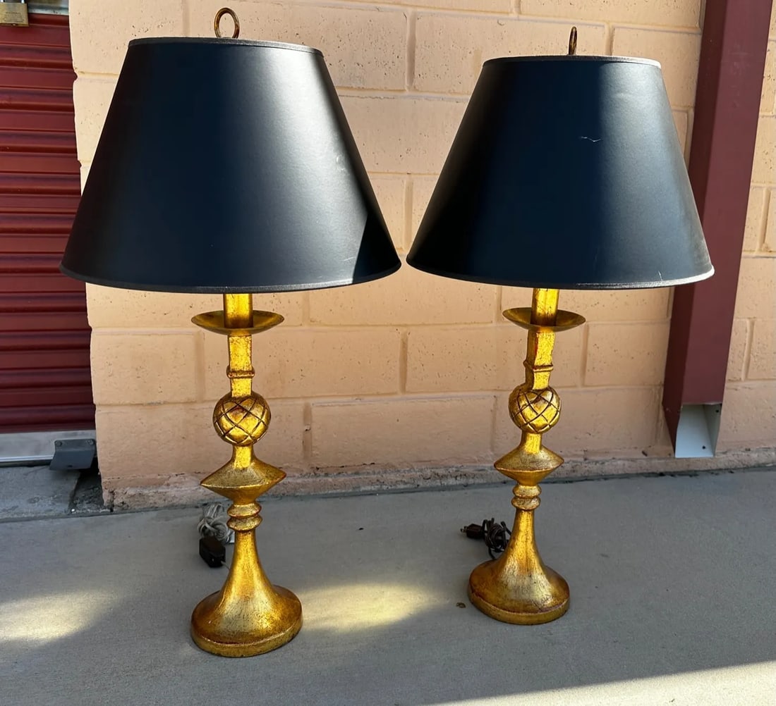 Vintage Alberto Giacometti Style Gilt Brass Table Lamps-A Pair - 5