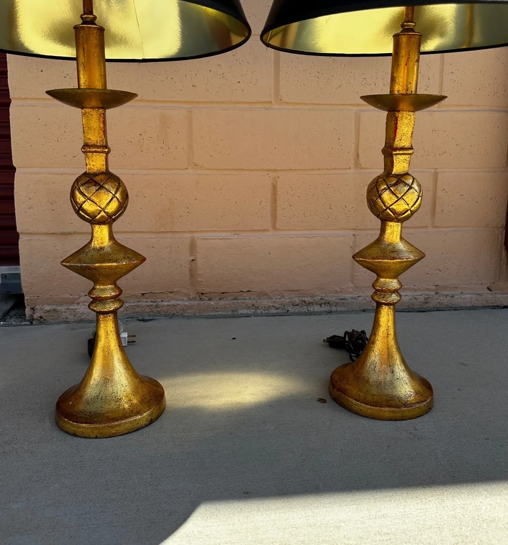 Vintage Alberto Giacometti Style Gilt Brass Table Lamps-A Pair - 6