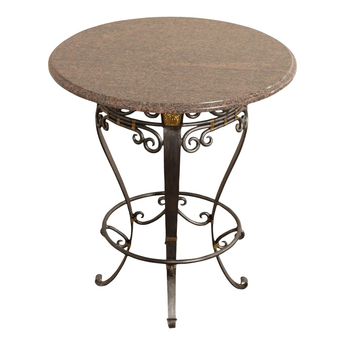Labarge Neoclassical Style Wrought Iron Stone Top Round Pub Table: High Quality Wrought Iron and Partial Gilt Gold Finished Base High Top Table with Round Granite Top Condition: Alterations: Original Condition Unaltered Imperfections: Some Imperfections Condition Not