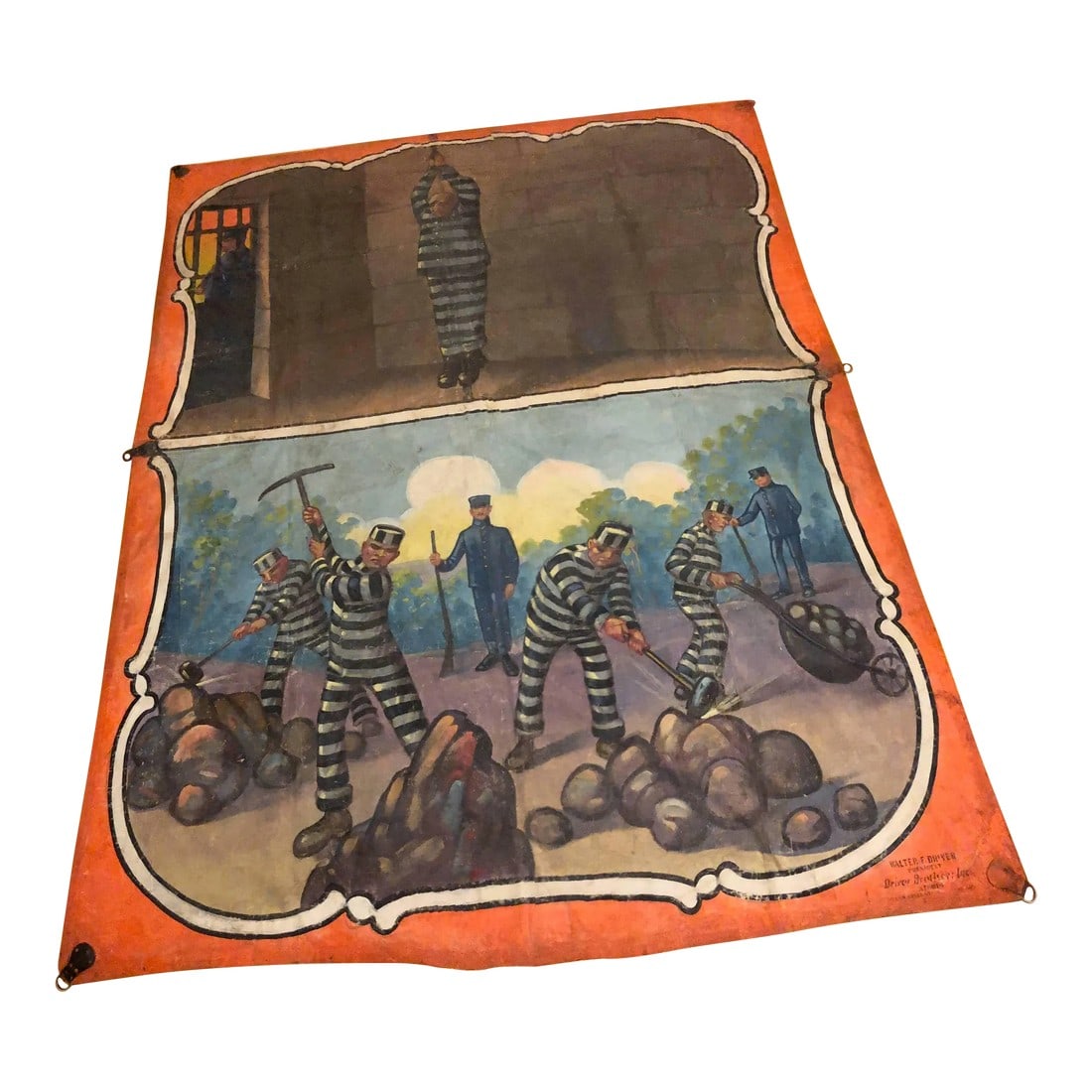 Americana Giant Painting on Canvas Attributed to Fred Johnson: Americana giant painting on canvas attributed to Fred Johnson. This monumental painting has two prisoner scenes. There are six metal hooks attached to leather fasteners that are attached to the canvas