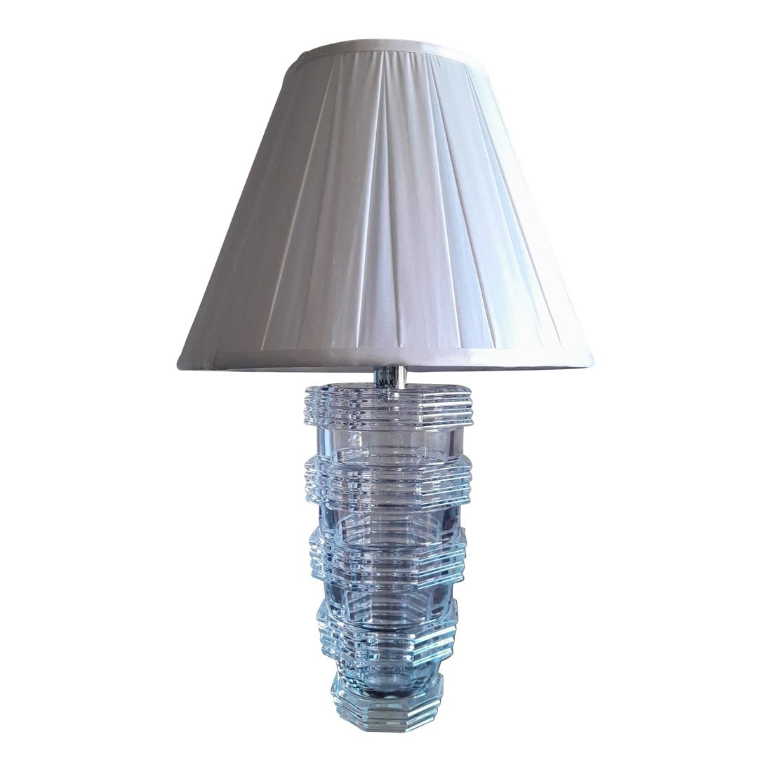 Modern Baccarat Crystal Table Lamp With Silk Space Pleat Empire Shade and Led Socket: From the King of Bling, Baccarat comes this attractive small table lamp with clean modern lines. The lamp is French wired with a clear cord and clear cord switch. The lamp emits a stunning glow for a 