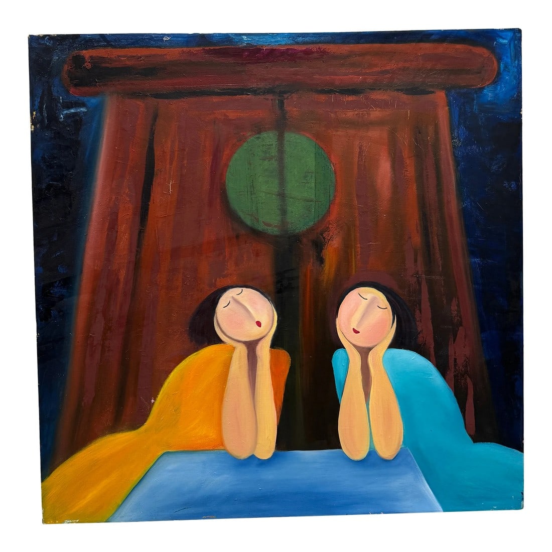 Daydreaming Girls Original, Unframed Oil on Canvas by Youngsook Park, Singapore: Unframed original oil on canvas two young girls in front of an Asian style door appear to be daydreaming. This painting was unsigned but purchased directly from the artist, Youngsook Park, circa