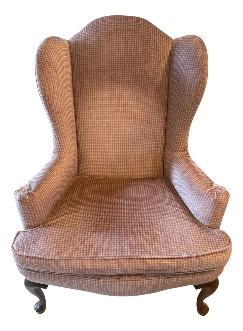 Late 20th Century Ethan Allen Queen Anne Wingback Armchair: Quick Hits: Ethan Allen wingback armchair in soft houndstooth upholstery High back with signature Queen Anne curves and cabriole legs Plush feather-down blend cushion for lasting comfort Classic