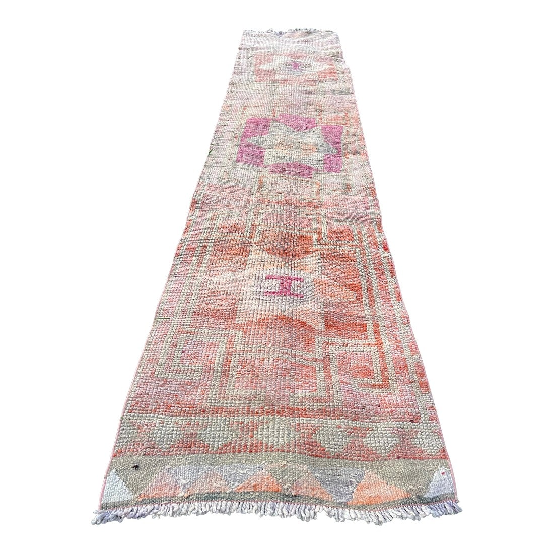 Muted Color Vintage Handmade Herki Runner Rug: All rugs have been professionally cleaned; original condition is not altered, age-related wear is considered normal in these unique, hand woven vintage rugs. It is common for slight variations in wear