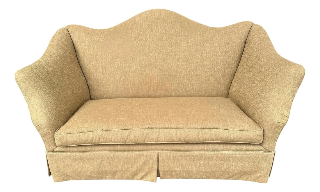 Baker Furniture Company Camelback Loveseat Upholstered in Gold Luxury Fabric - Vintage Early 21st Ce (1 of 6)