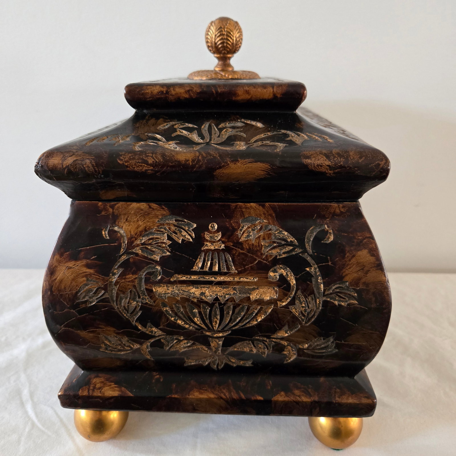 1980s Maitland Smith Ornate Hinged Mahogany Chest With Brass Ball Feet Leaf Finnial - 3