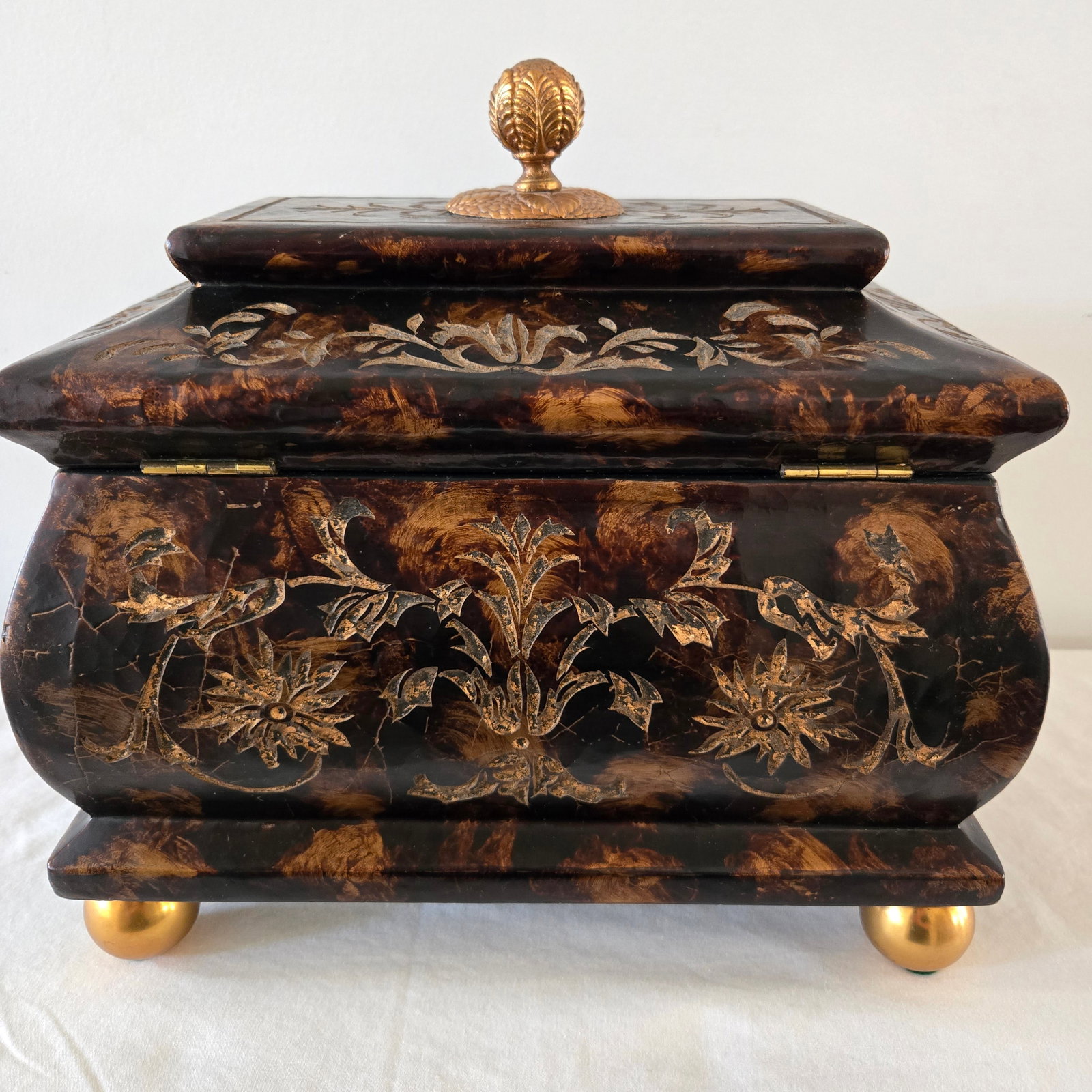 1980s Maitland Smith Ornate Hinged Mahogany Chest With Brass Ball Feet Leaf Finnial - 4