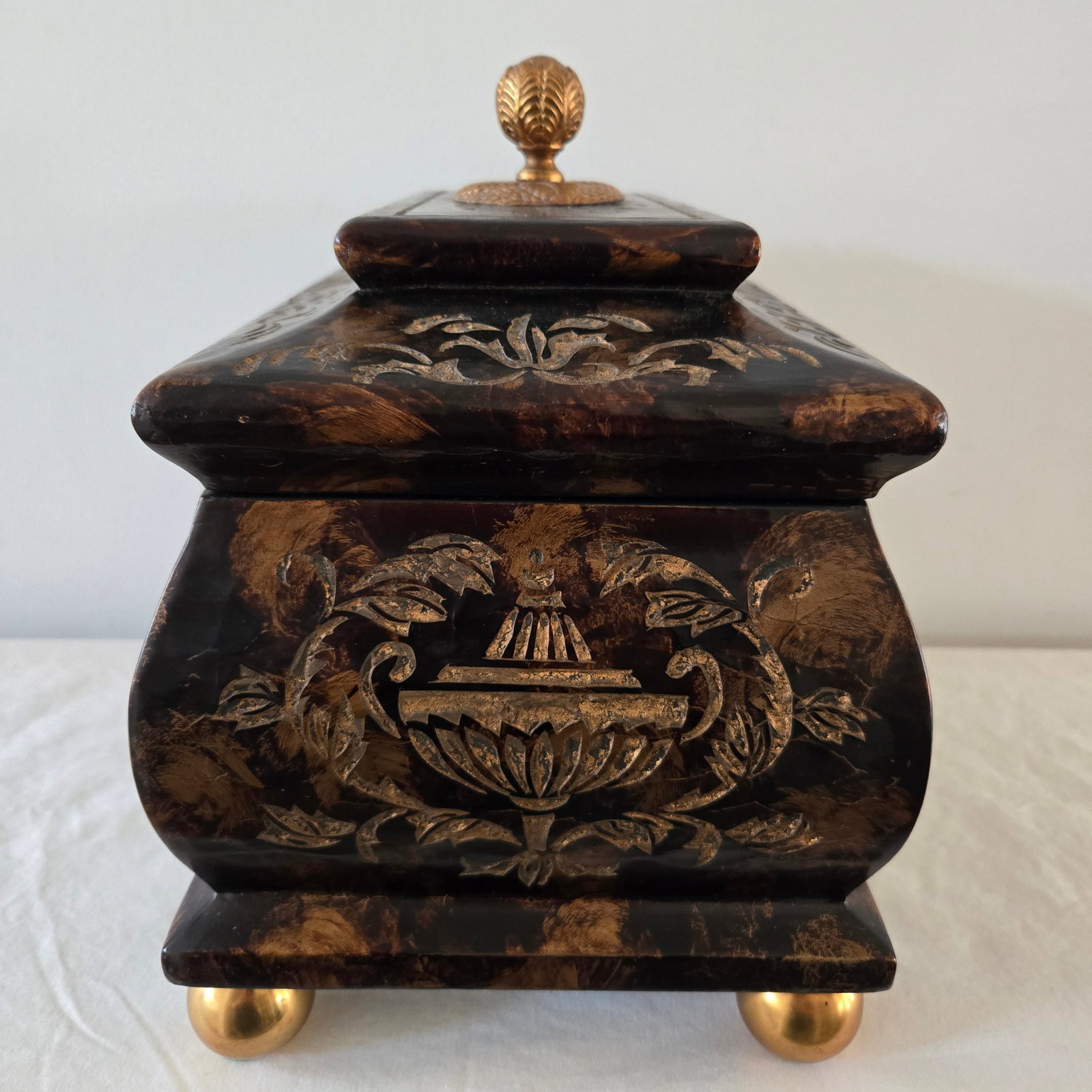 1980s Maitland Smith Ornate Hinged Mahogany Chest With Brass Ball Feet Leaf Finnial - 5