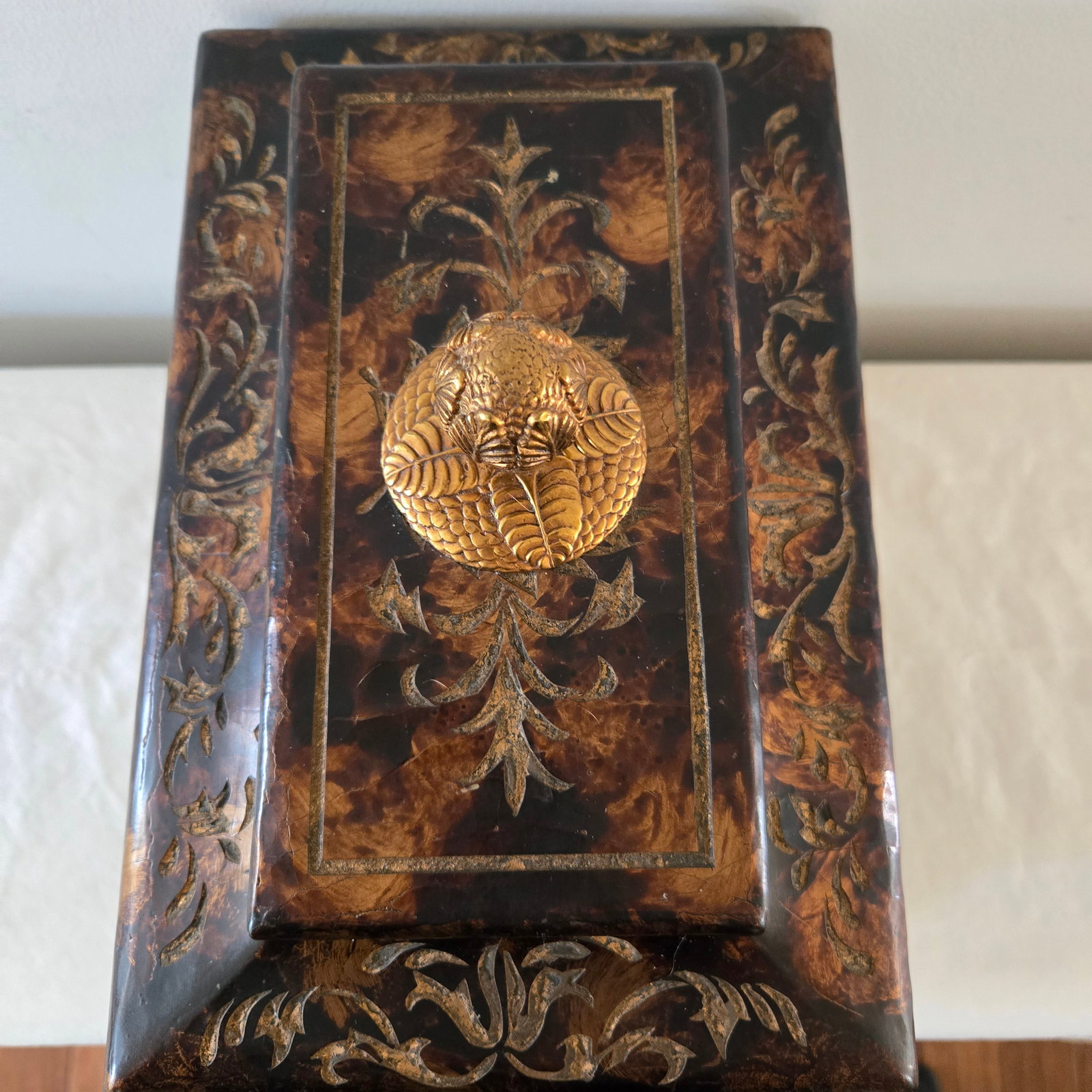 1980s Maitland Smith Ornate Hinged Mahogany Chest With Brass Ball Feet Leaf Finnial - 6