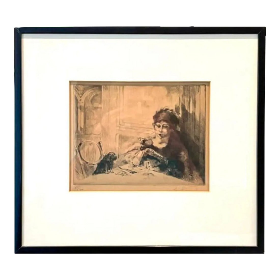 Early 20th Century Matted and Framed Antique Etching "La Femme Au Chien" by Auguste Brouet (French, (1 of 4)