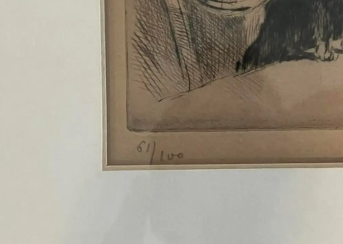 Early 20th Century Matted and Framed Antique Etching "La Femme Au Chien" by Auguste Brouet (French, - 3