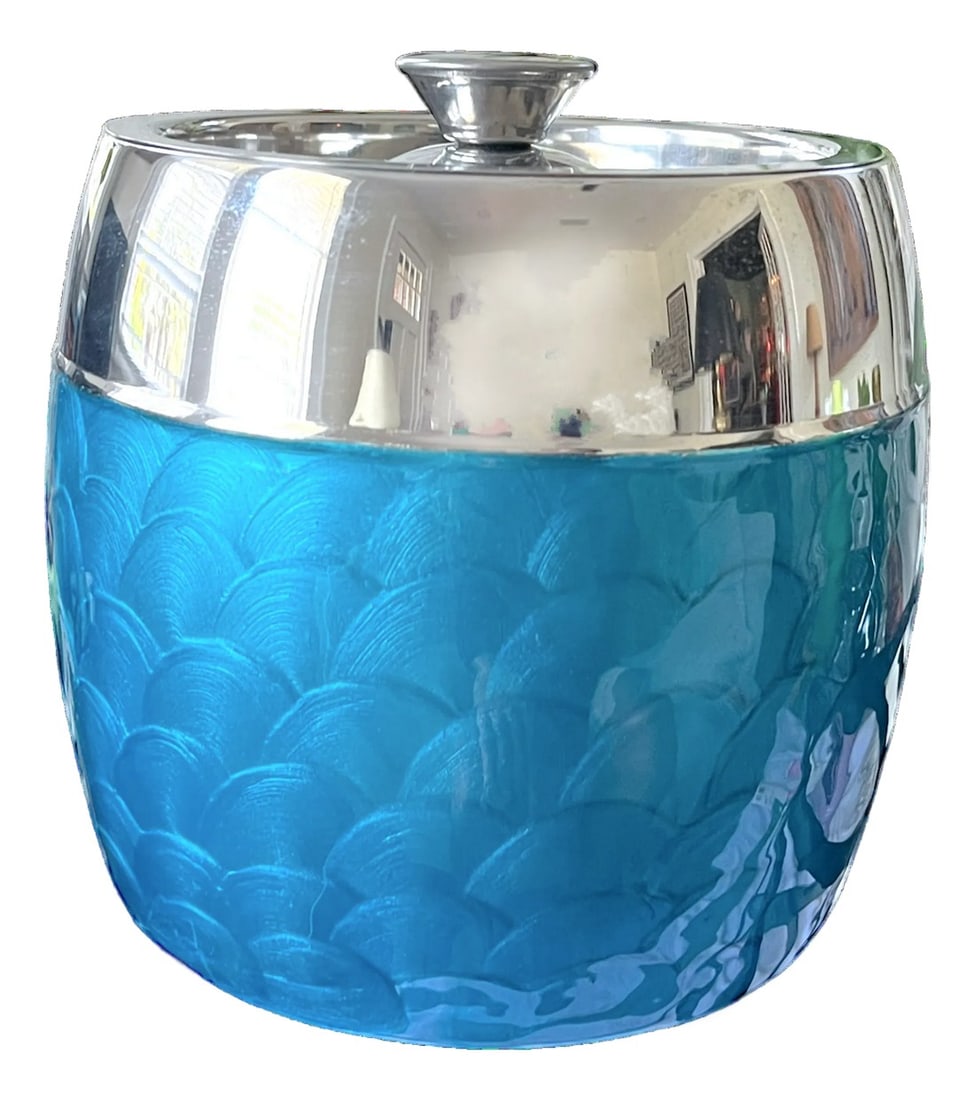 Vintage Aluminum Chrome and Turquoise Guilloché Effect and Ice Bucket / Wine Chiller With Lid: Striking vintage ice bucket or wine chiller featuring a vibrant turquoise acrylic body with a guilloché effect"”a repeating, wave-like pattern that creates depth, movement, and light