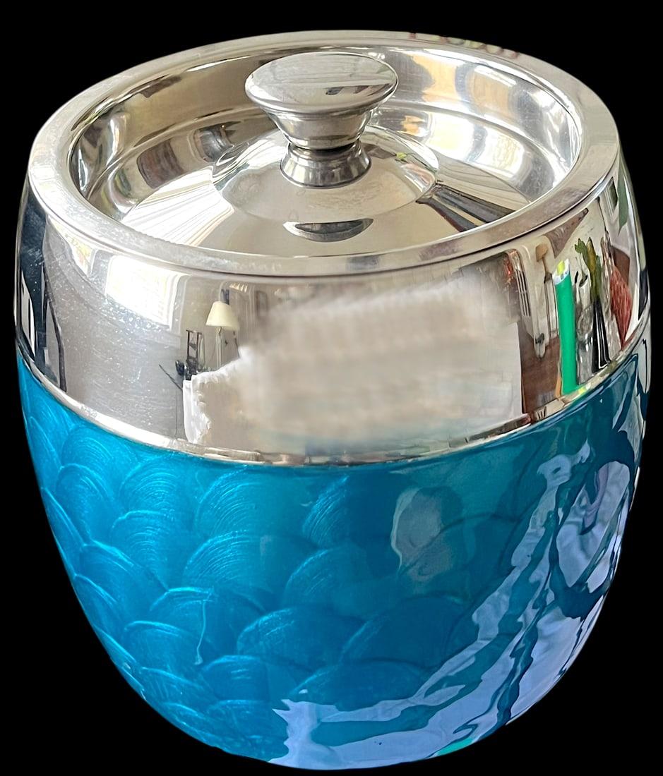 Vintage Aluminum Chrome and Turquoise Guilloché Effect and Ice Bucket / Wine Chiller With Lid - 2