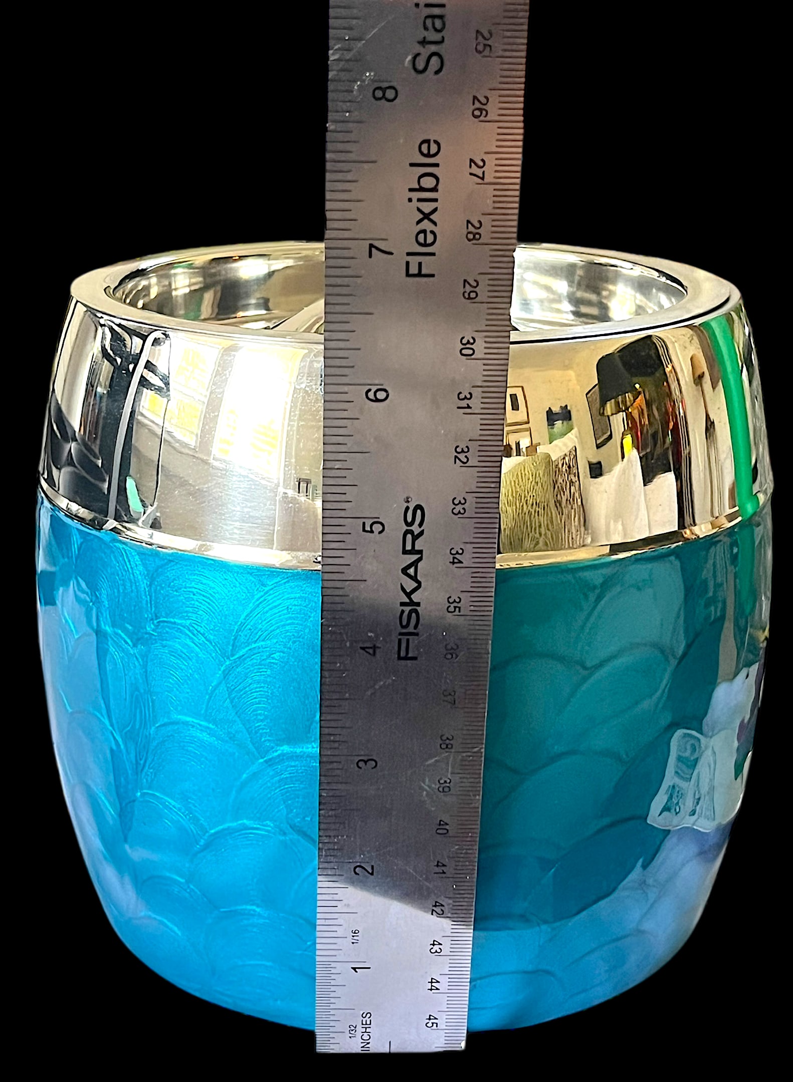 Vintage Aluminum Chrome and Turquoise Guilloché Effect and Ice Bucket / Wine Chiller With Lid - 6