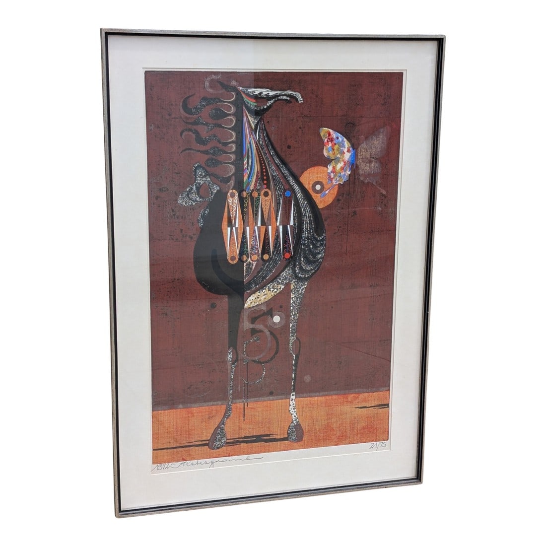 1970s "The Armored Horse and the Butterfly" Woodblock Print by Tadashi Nakayama #21/75: Amazing 1972 "The Armored Horse and the Butterfly" Woodblock Print by Tadashi Nakayama. Signed and numbered #21/75 Condition: Alterations: Original Condition Unaltered Imperfections: Some