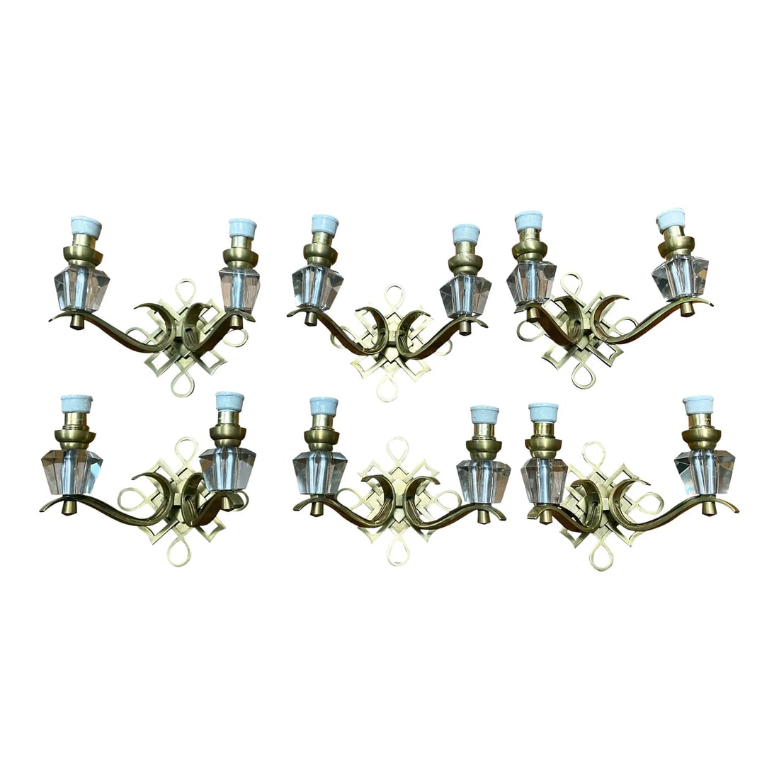 1950s Vintage Jules Leleu French Art Deco Brass Wall Sconces - Set of 6: Jules Leleu polished brass and glass pair of sconces, attributed to Jules Leleu. Three pairs available. Professionally rewired. Original porcelain socket. Total of 6 sconces available. Sold as a set o