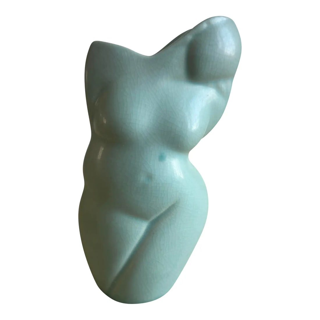 Vintage Donna Polseno Sculptural Ceramic Female Form Vase: A late 20th-century studio pottery work by American artist Donna Polseno (b. 1950). This sculptural vessel features a stylized female torso rendered in a pale celadon green glaze with a fine, uniform 