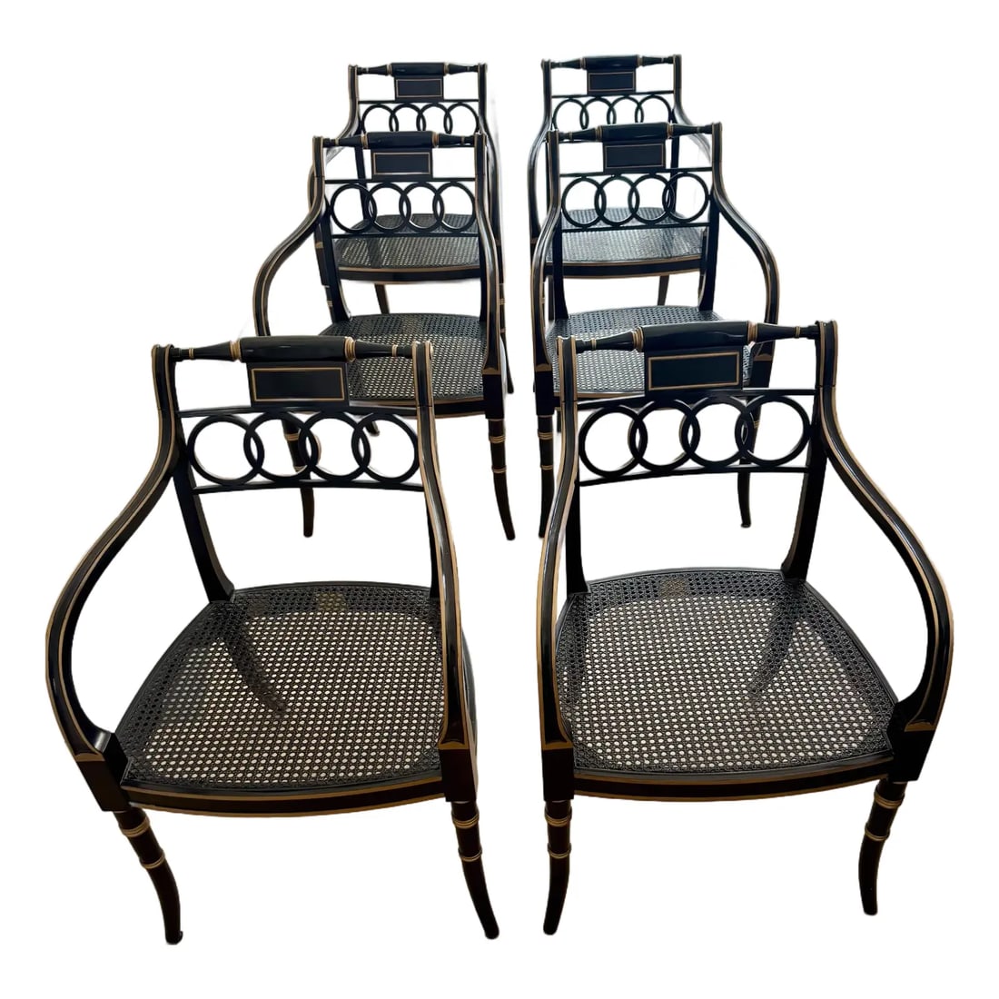 Set of 8 Baker "Governor Alston" Historic Charleston Collection Armchairs: An exceptional and rare uniform set of eight (8) "Governor Alston" Regency-style armchairs from the Baker Historic Charleston Collection. Reproducing 19th-century originals, these chairs feature eboni