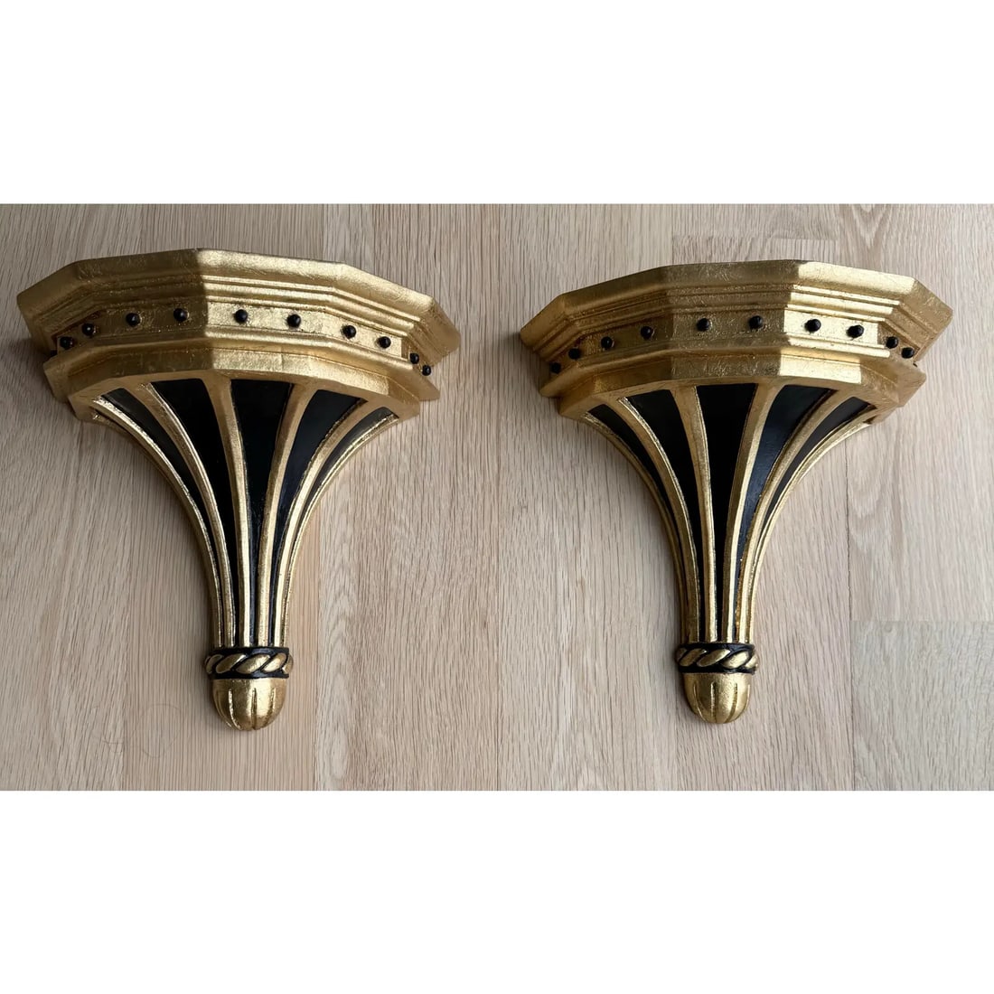 Pair of Large Vintage Gilt & Ebonized Wood Wall Brackets - 4