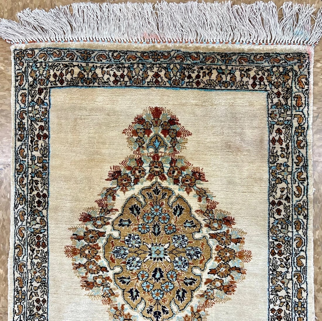 Hand-Knotted Persian Qum 100% Silk Ivory Fine Semi-Antique 1970s Oriental Rug 2'1" x 3' - 4