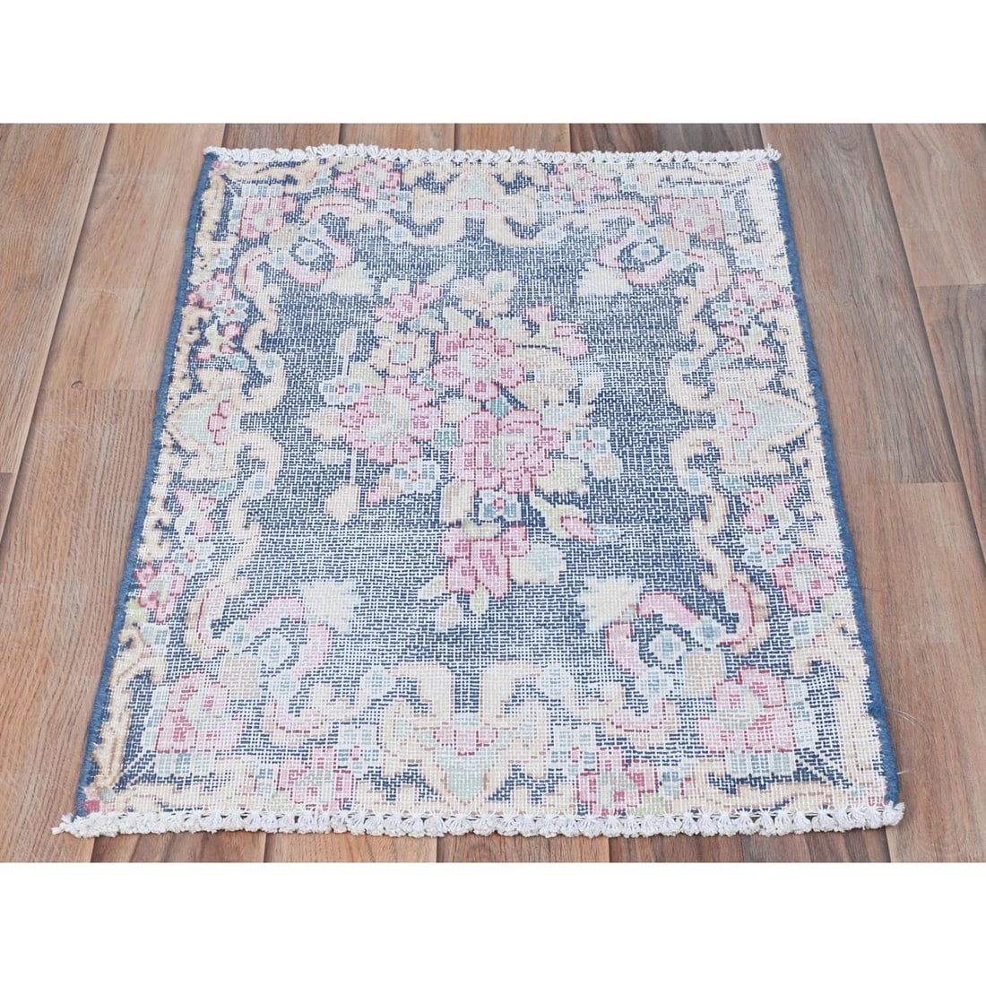 Navy Blue, Worn Wool Hand Knotted, Vintage Persian Kerman Mat Rug - 2