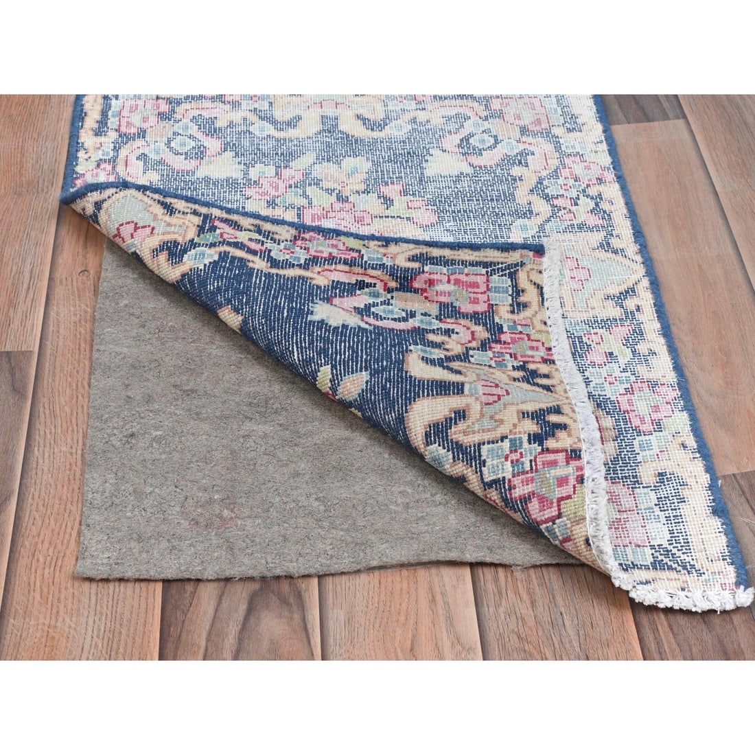 Navy Blue, Worn Wool Hand Knotted, Vintage Persian Kerman Mat Rug - 3