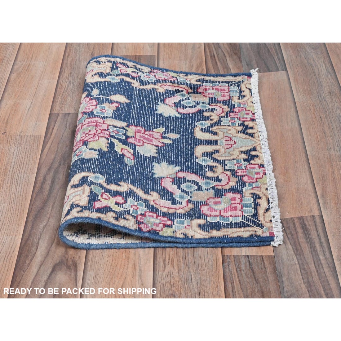 Navy Blue, Worn Wool Hand Knotted, Vintage Persian Kerman Mat Rug - 5