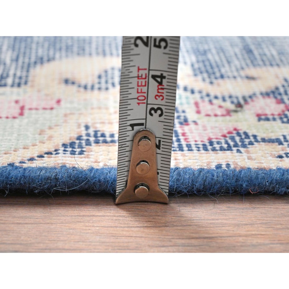 Navy Blue, Worn Wool Hand Knotted, Vintage Persian Kerman Mat Rug - 6