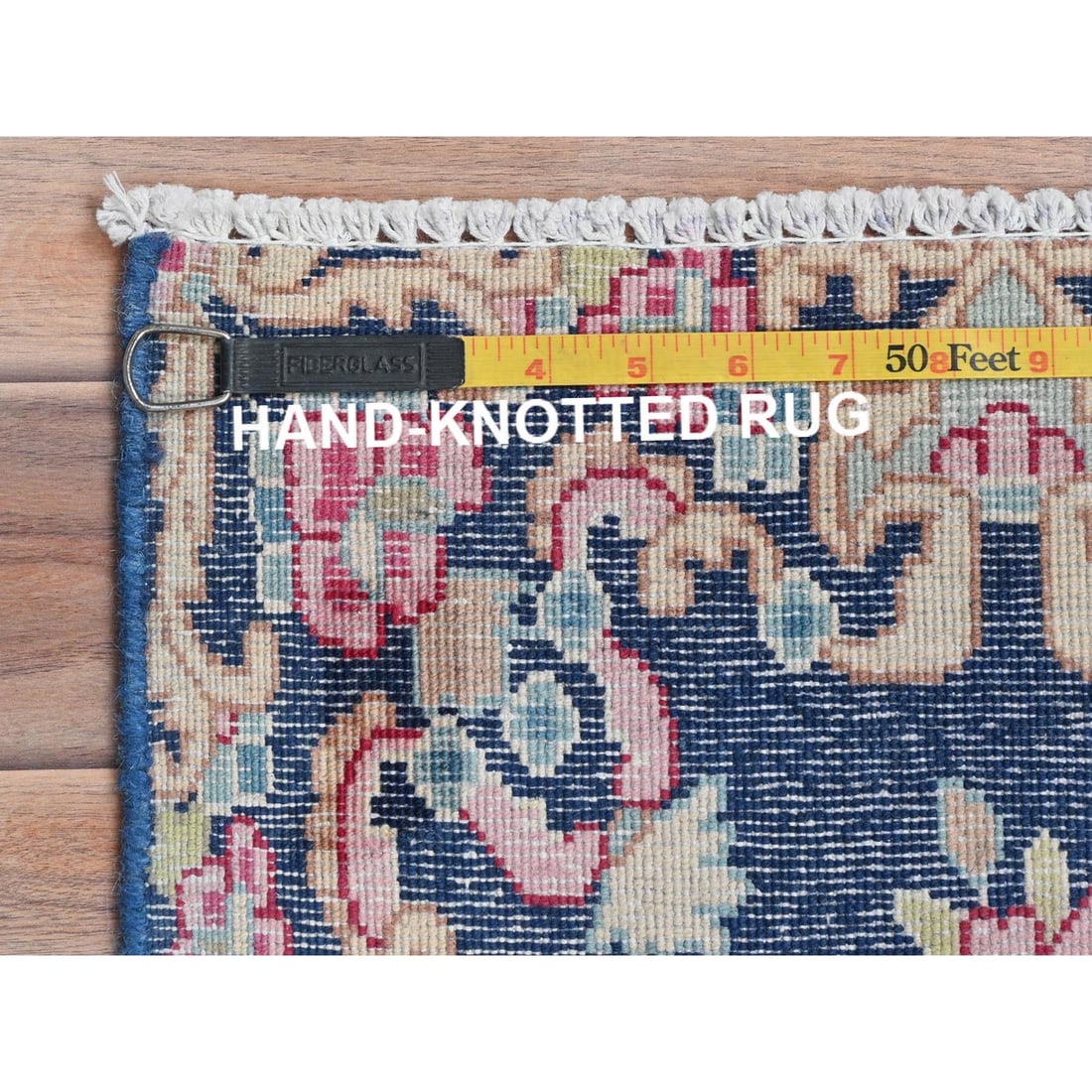 Navy Blue, Worn Wool Hand Knotted, Vintage Persian Kerman Mat Rug - 7