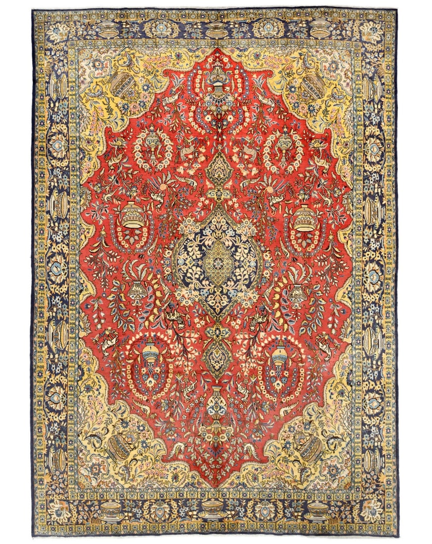 Vintage Classic Pictorial 10X14 Shahreza Persian Rug: Title: Vintage Classic Pictorial 10X14 Shahreza Persian Rug Description:Handmade vintage 10X14 orange Persian rug made with vegetable dyes (fine wool pile and cotton foundation), superior knot count,