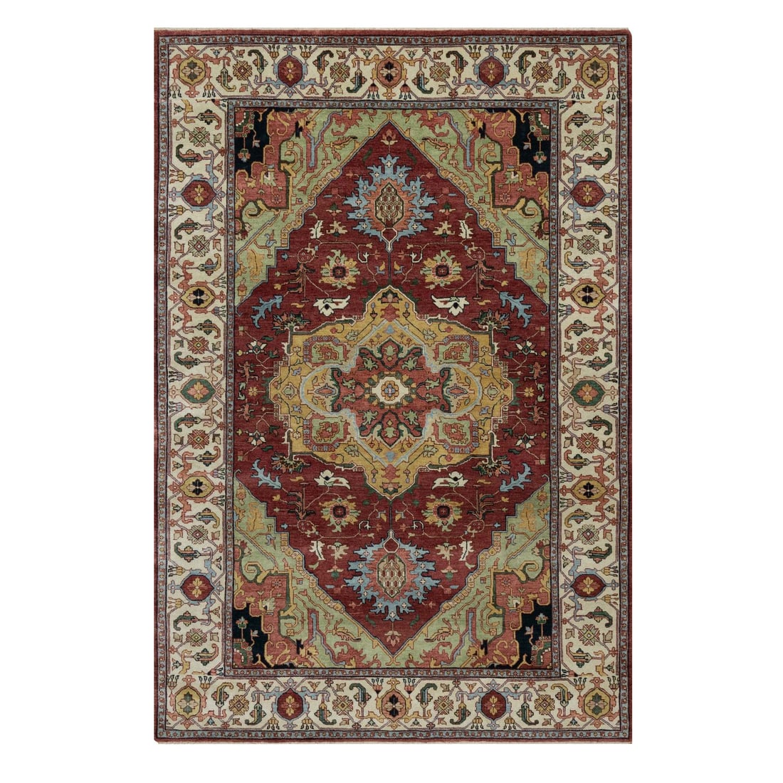 Brick Red Antiqued Fine Heriz Re-Creation Hand Knotted Soft Wool Rug: Title: Brick Red Antiqued Fine Heriz Re-Creation Hand Knotted Soft Wool Rug Description:This is a truly genuine one-of-a-kind. It has been Knotted for months and months in the centuries-old weaving