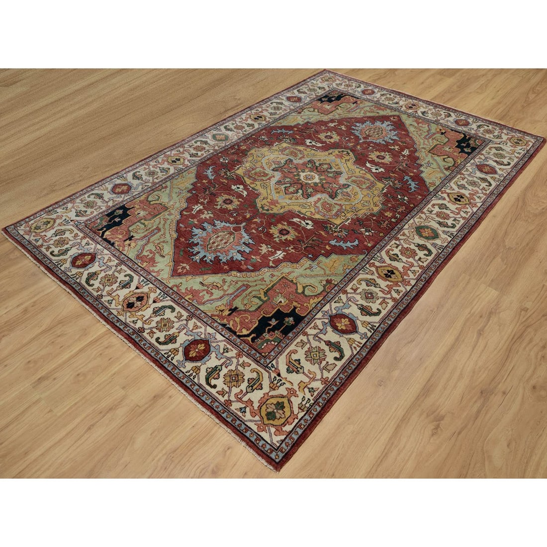 Brick Red Antiqued Fine Heriz Re-Creation Hand Knotted Soft Wool Rug - 3