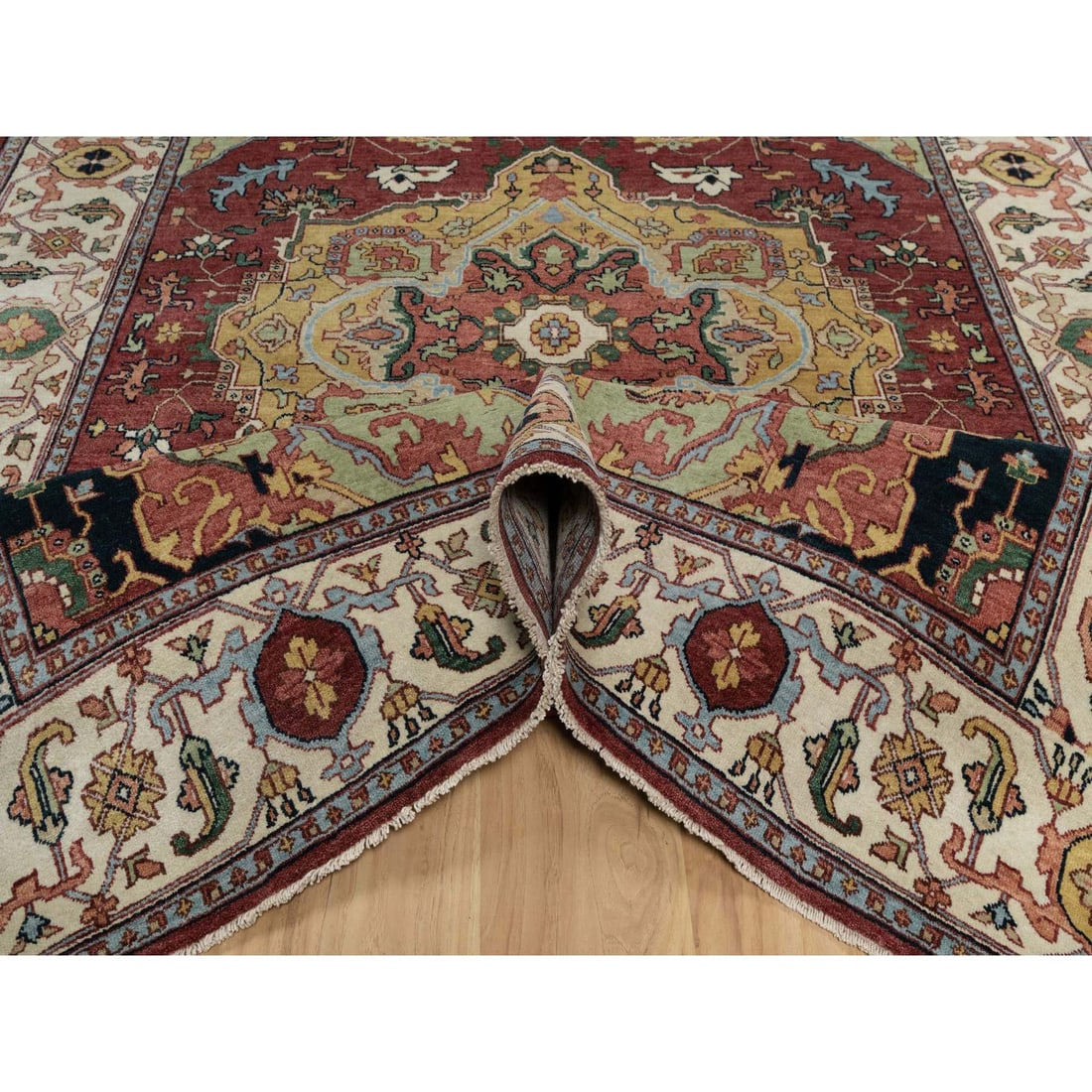 Brick Red Antiqued Fine Heriz Re-Creation Hand Knotted Soft Wool Rug - 5